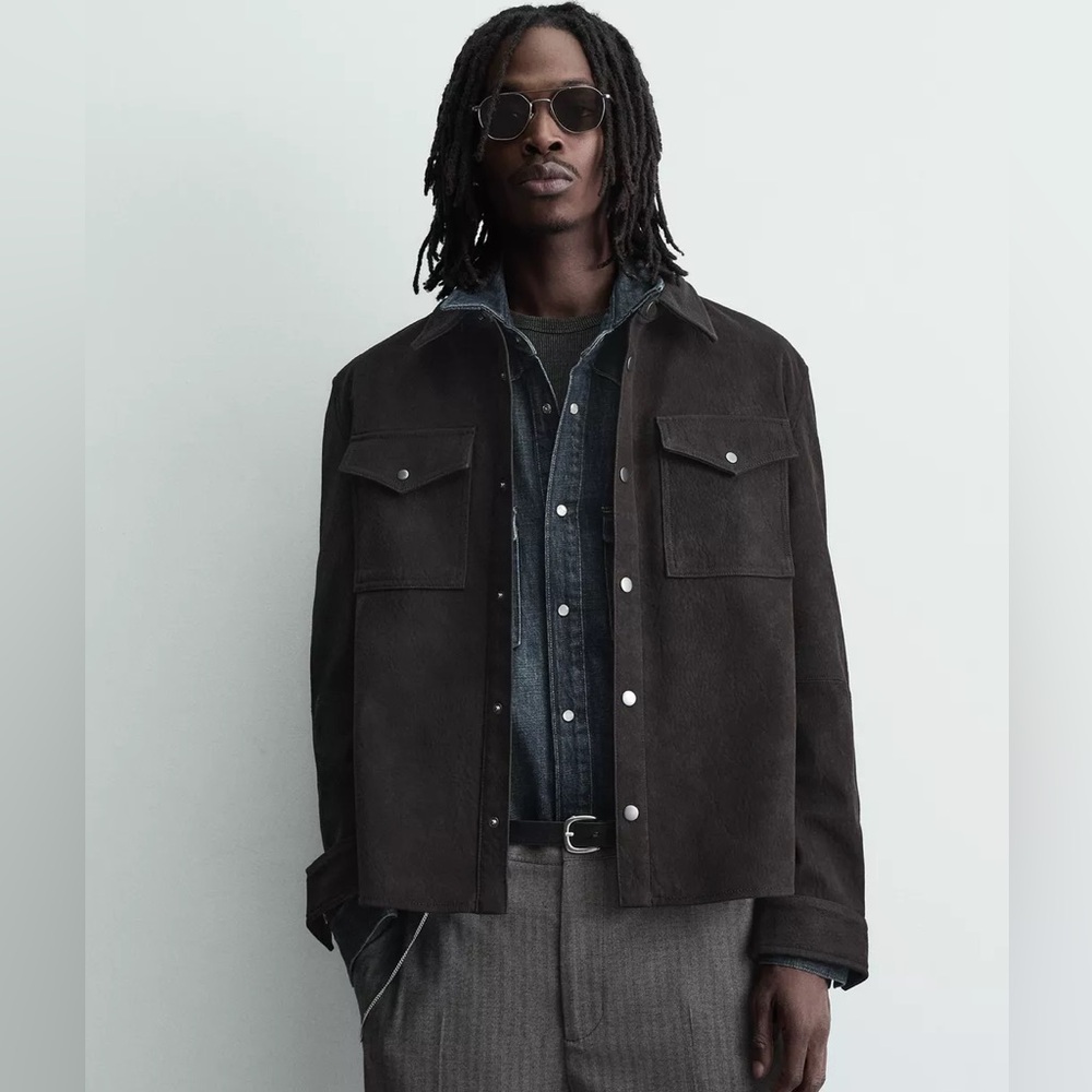New Zara Relaxed Fit Faux Leather Overshirt Jacket Brown Pockets Button Size XL